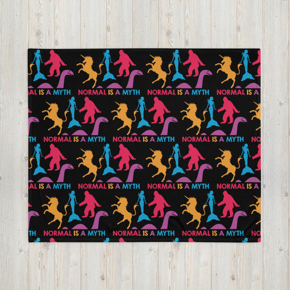 Normal is a Myth (Bigfoot, Mermaid, Unicorn & Loch Ness Monster Pattern) Throw Blanket