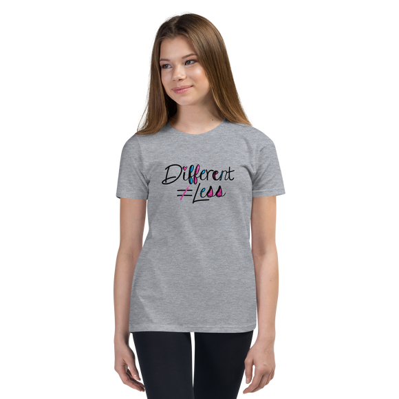 Different Does Not Equal Less (As Seen on Netflix's Raising Dion) Youth Light Color T-Shirts with Digital Glitter