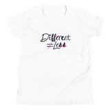 Different Does Not Equal Less (As Seen on Netflix's Raising Dion) Youth White T-Shirt with Digital Glitter